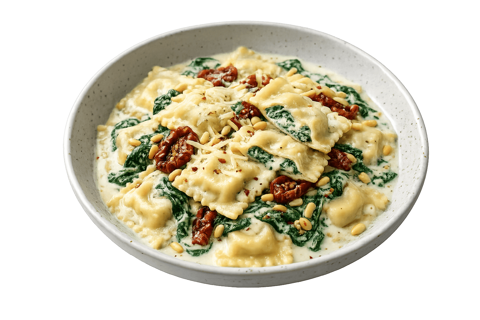 Spinach & Cheese Ravioli in Creamy Mushroom Pesto