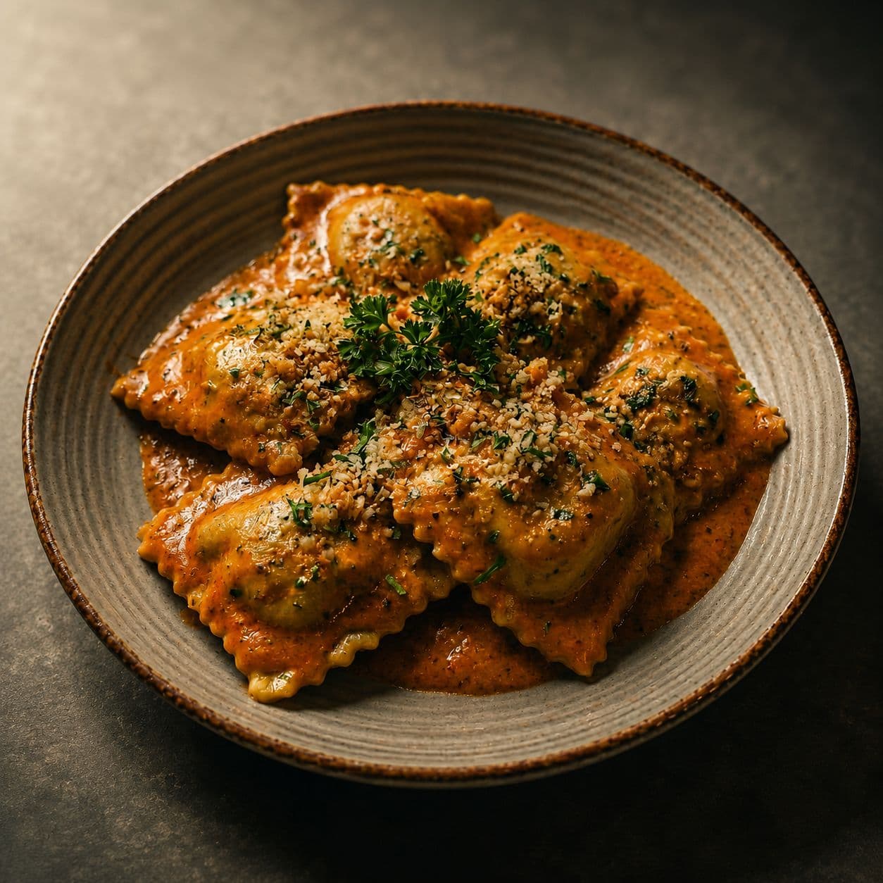 Spinach & Cream Cheese Ravioli in Creamy Crimson Sauce