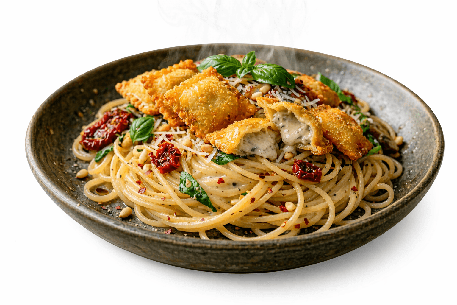 Aglio Olio Spaghetti with Crispy Ravioli Bites