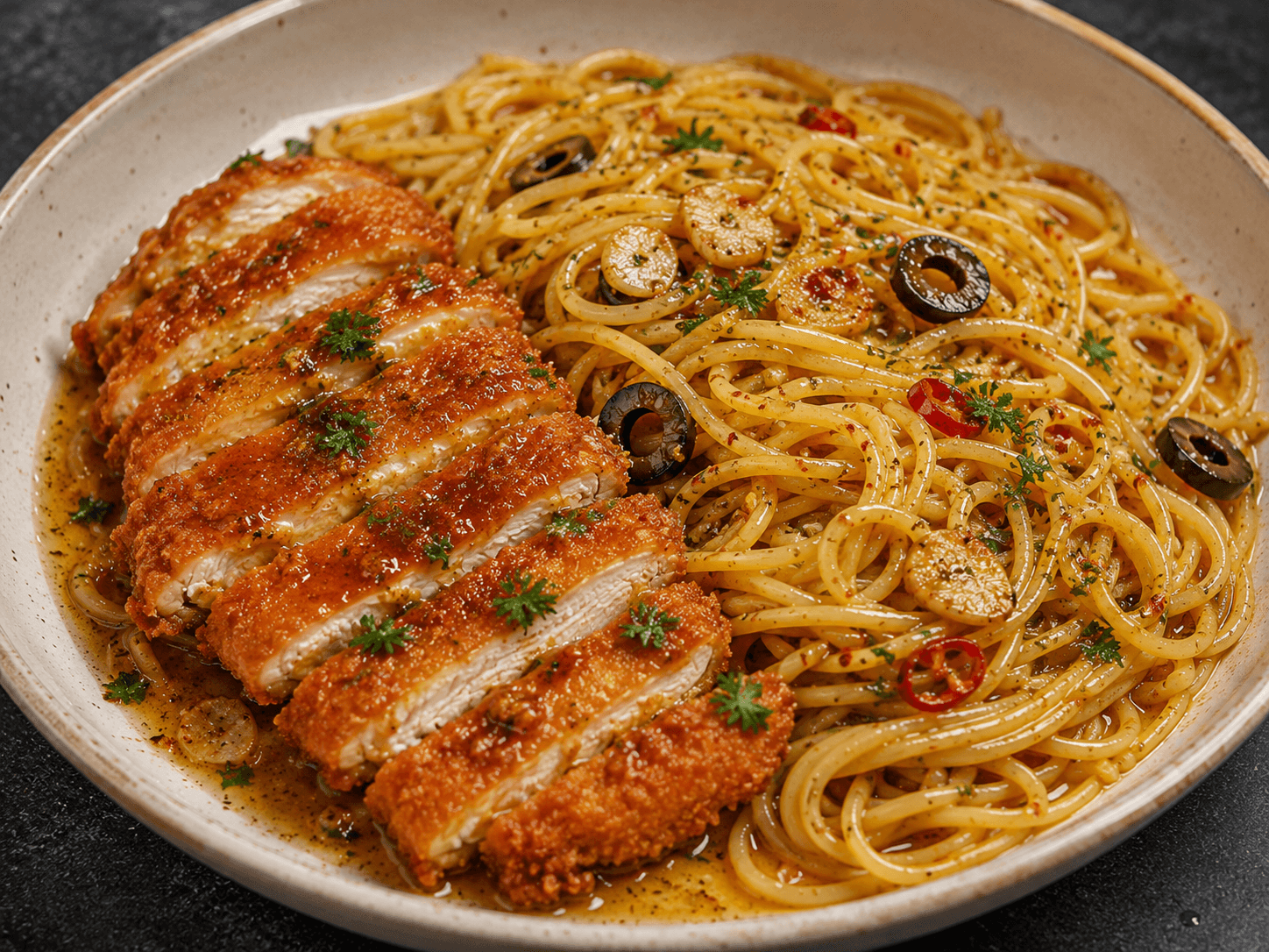 Aglio Olio Spaghetti with Chicken Katsu